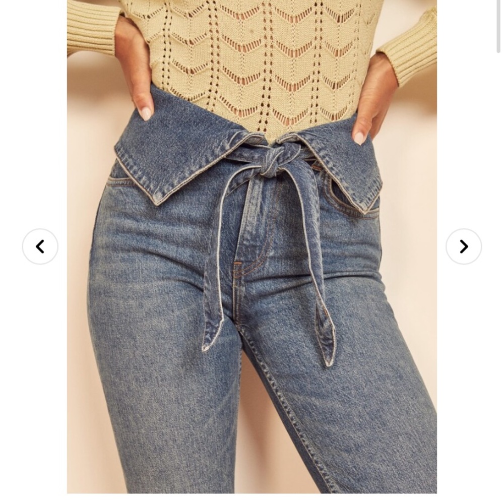 Reformation Blue High-Waist Straight Leg Jeans with Tie Waist